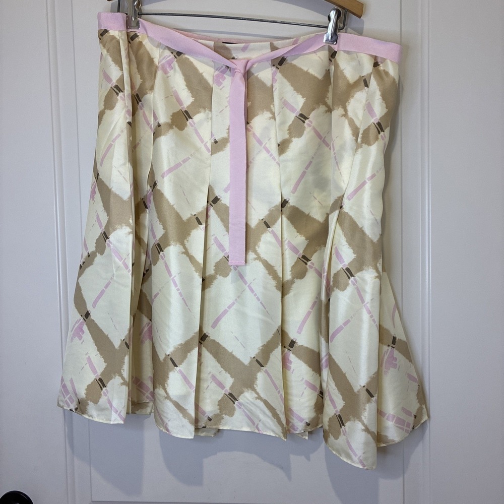 Gap Women Pink Cream Abstract Print 100% Silk Pleated A-Line Skirt Size 20